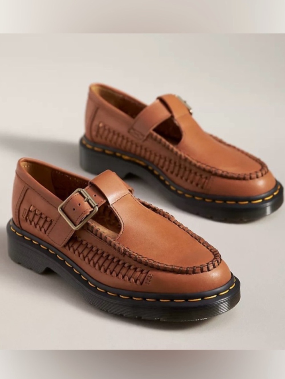 Dr. Martens Adrian T-Bar Leather Woven Loafers in British Tan Size Women’s 10